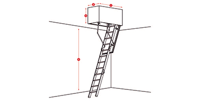 Schematische weergave van een op maat gemaakte opklaptrap met nauwkeurige afmetingen en geannoteerde dimensies.