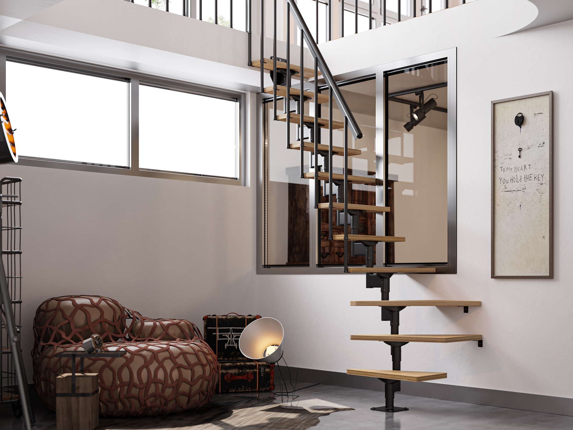 Space saving staircase DOLLE DALLAS in a photo studie with rustic Atmosphere